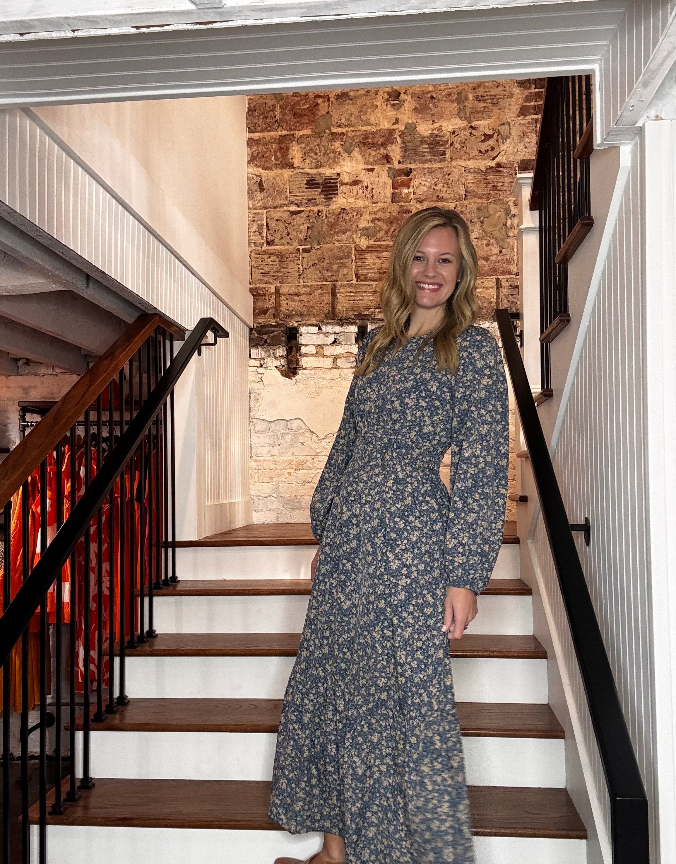 Long-Sleeved Flared Floral Dress
