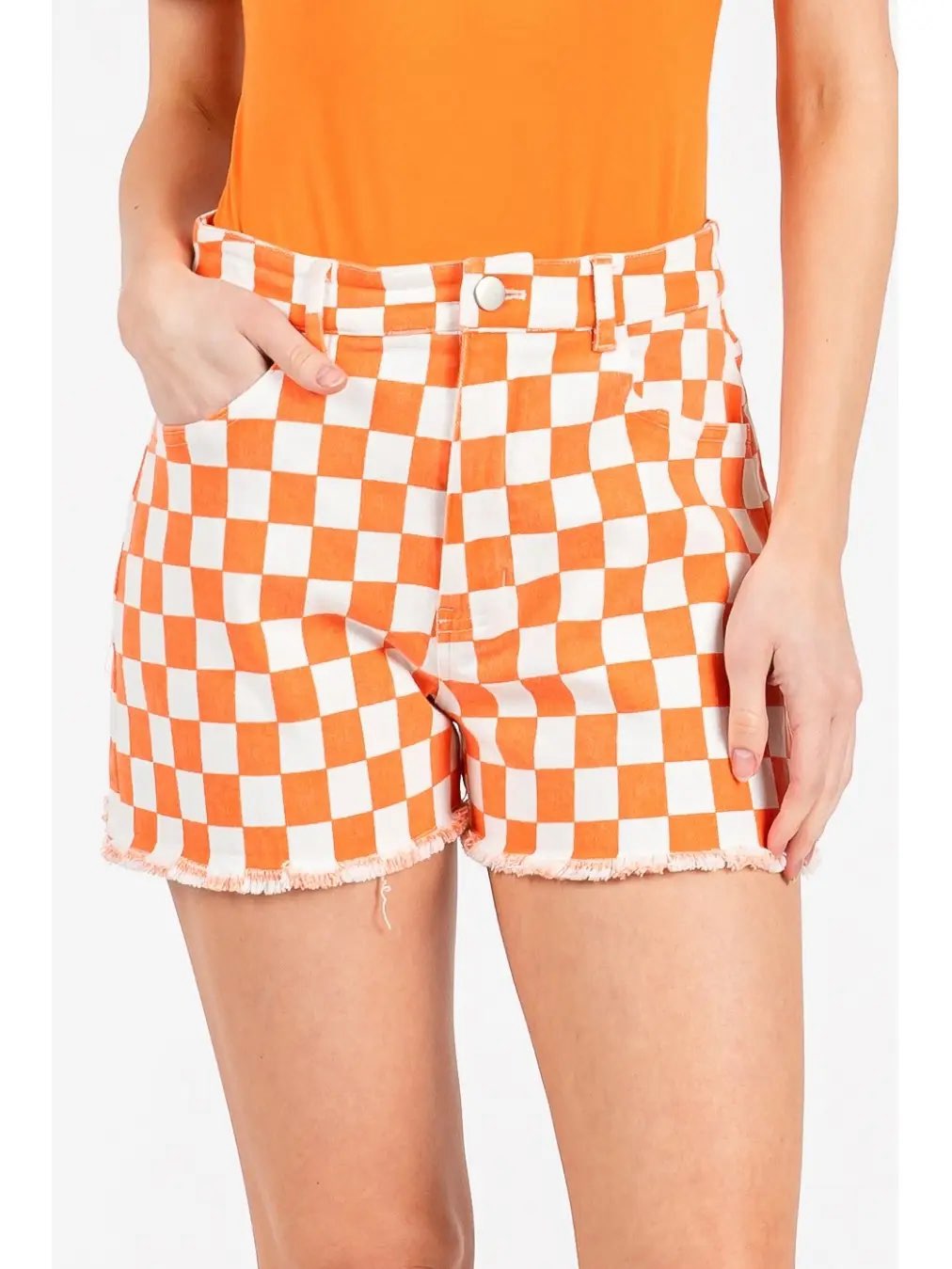 Checkered denim shorts