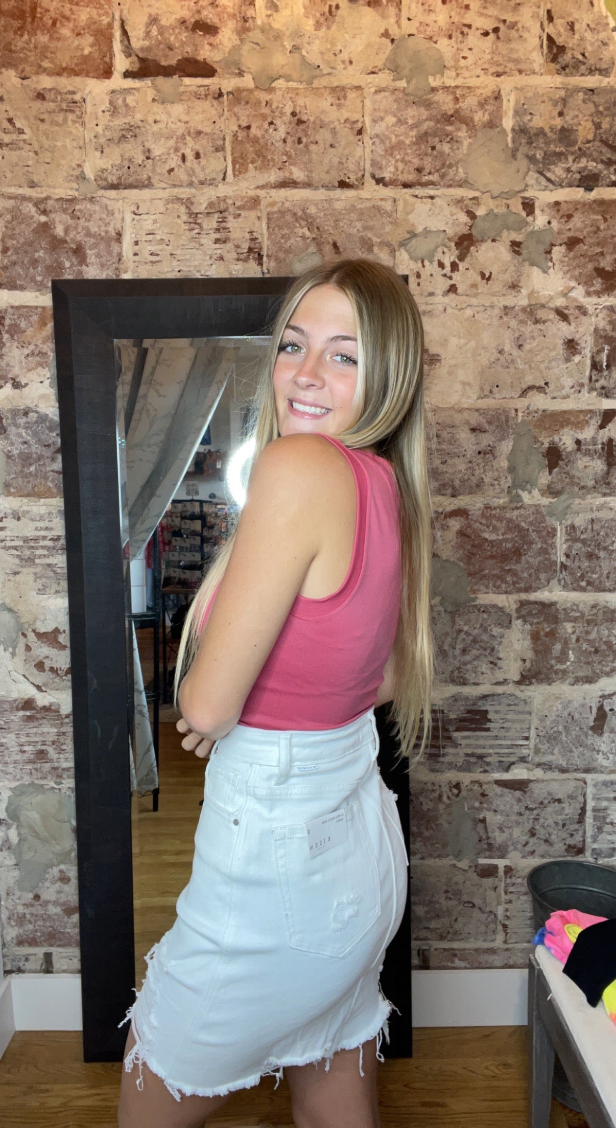 Pink Tank and White Skirt